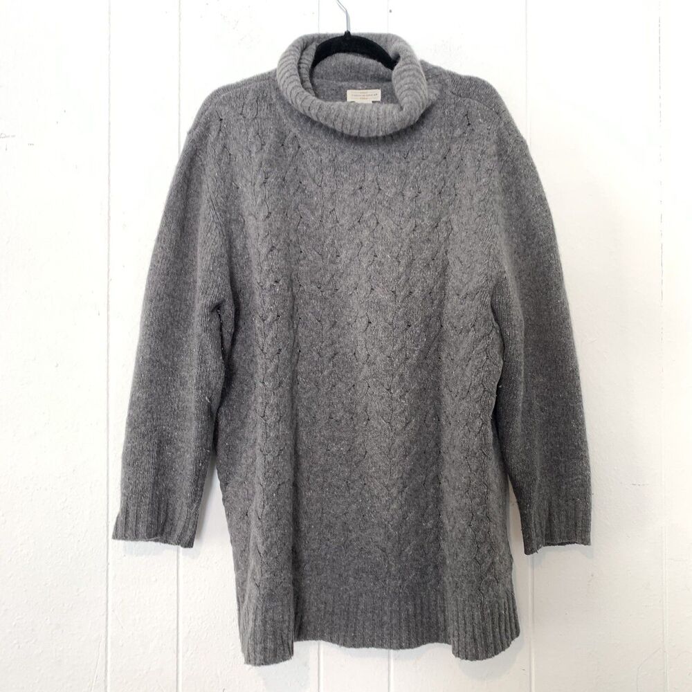 Vtg Yarnworks Womens XL Sweater 70% Lambswool Grey Turtle Neck Cable Knit Tunic